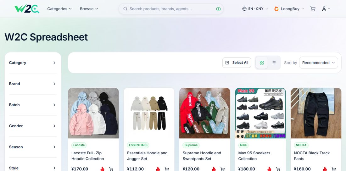 Product listings and category filters on W2C Spreadsheet